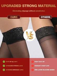 Non-Slip Stay Up Thigh High Stockings Women,Reinforced Strong Lace Top Sheer Pantyhose Lingerie - 黑色 - 查看 2