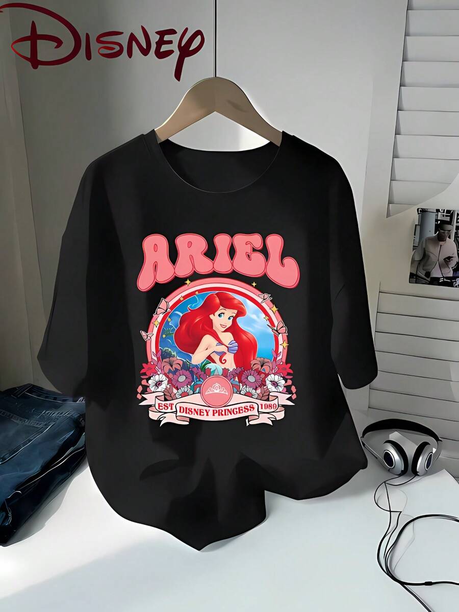 Disney Ariel Retro Floral Print Women's Premium 100% Cotton T-Shirt, Vintage 1989 Princess Graphic Short Sleeve Crew Neck Tee, Ultra Soft Breathable Casual Daily Top For Spring Summer Autumn - Black - View 1