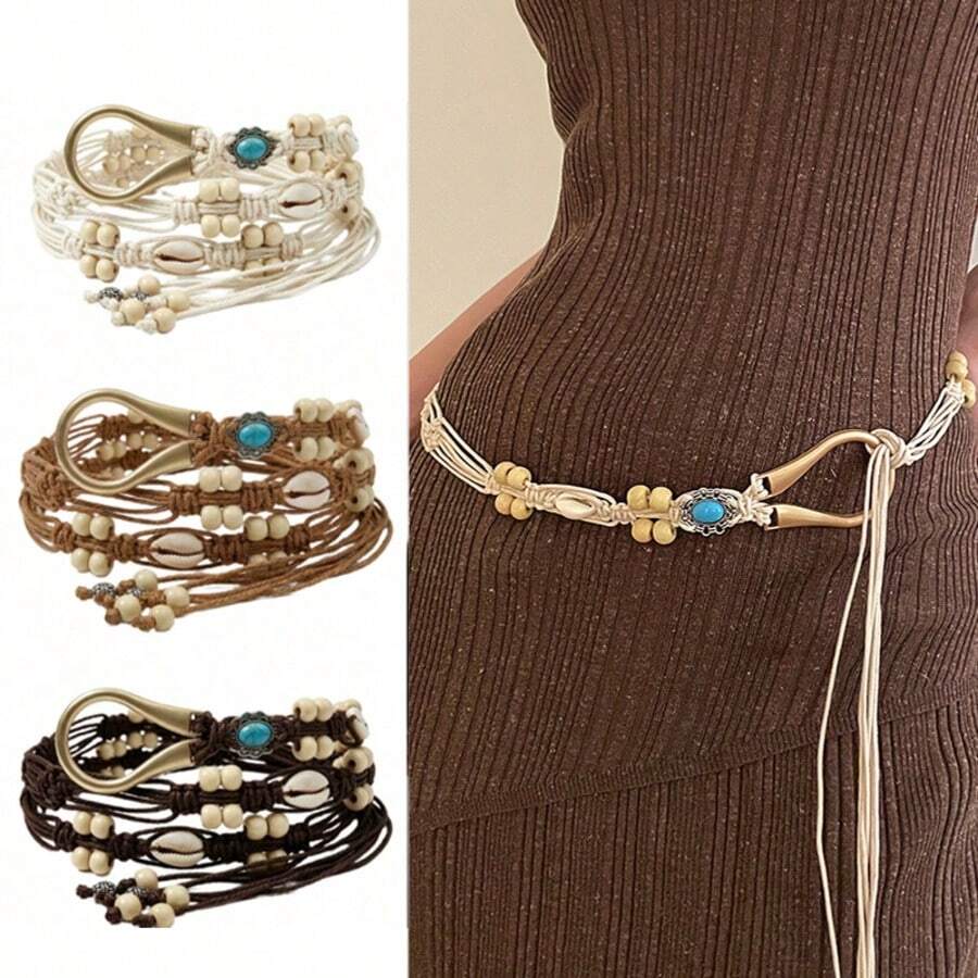 U-Shaped Metal Buckle Belt Rope, Hand-Woven Wax Rope Belt, Shell Decoration, Dress Waist Decoration, Bohemian Waist Chain - Off White - View 1
