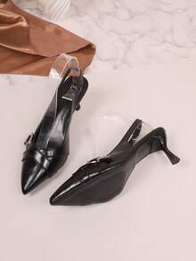 1 Pair Black Matte Soft Leather Peep Toe High Heel Sandals, Metal Buckle Decor, Elastic Back, Pointed Toe Slim Heel, Non-Slip, Fashion Classic Work Wedge Sandals Suitable For Party, Shopping, Travel, Spring/Summer - Black - View 2