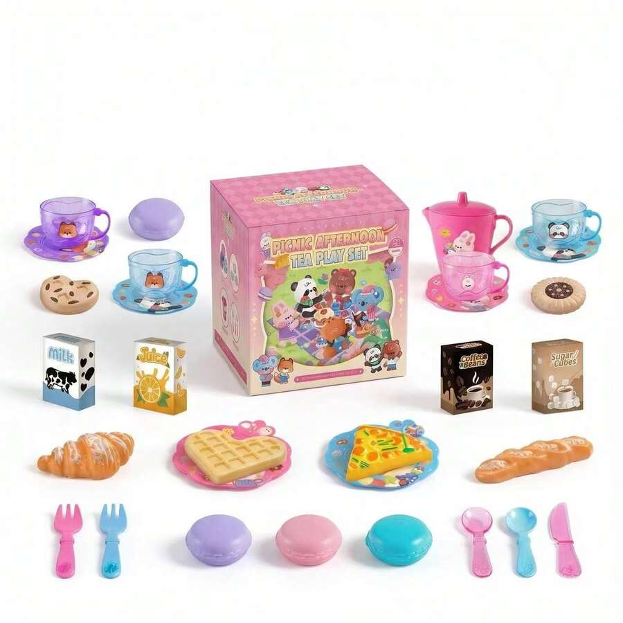 Set de 25 piezas de juego de té de fiesta para niñas, juego de té de juego de roles, juguetes de cocina de té de la tarde de princesa con tetera y tazas de té, adecuado para regalos de cumpleaños y Pascua, niños pequeños