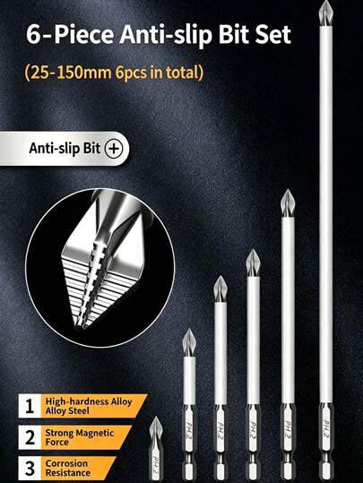 6Pcs Anti-Slip PH2 Screwdriver Bits Set, S2 Alloy Magnetic Drill Bits, 25-150mm High Torque Impact Bits For Power Tools