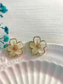 2 piezas Pendientes de diseño de doble capa con flores pequeñas y dulces, joyería de uso diario para mujeres - Amarillo Oro - Ver 2