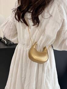 Gold Fish Scale Pattern Crescent Bag, Fashionable Chain Shoulder/Underarm Small Bag, Versatile Crossbody - Gold - View 7