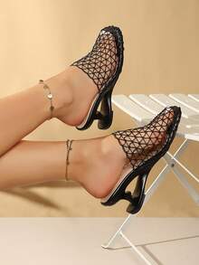 2026 Summer New Hollow Fishnet Design Asymmetric Heel Breathable Fashion Versatile Sandals - Black - View 6