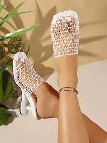 2026 Summer New Hollow Fishnet Design Asymmetric Heel Breathable Fashion Versatile Sandals - White - View 3