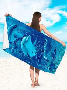 1pc Cute Dolphin Print Beach Towel, Premium Ultra-Fine Fiber Quick Dry Highly Absorbent Large Beach Towel, Soft Multi-Use Shawl Bath Towel For Seaside Vacation Swimming Diving Water Parties Beach Decor Bathroom Use - Dolphin - View 3