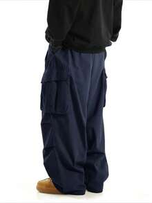 Men's Loose Cargo Pants, Large Pocket Design, Casual Daily Wear Trousers - Navy Blue - View 3
