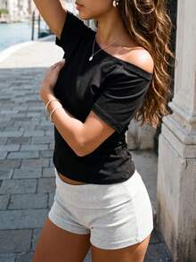 Women's Casual Black Solid Asymmetrical Boat Neck Short Sleeve Slim T-Shirt, Summer Daily - Black - View 5