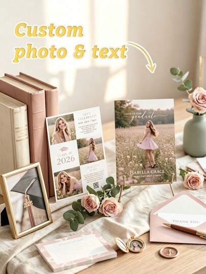 1 Thiệp Mời Tốt Nghiệp Màu Hồng Tùy Chỉnh, Cá Nhân Hóa Ảnh Và Văn Bản, Thiệp Mời Tốt Nghiệp Họa Tiết Hoa, Thiệp Mời Tốt Nghiệp Có Ảnh, Thiệp Mời Tốt Nghiệp Hiện Đại, Trang Trí Nơ, Thiệp Mời Có Ảnh