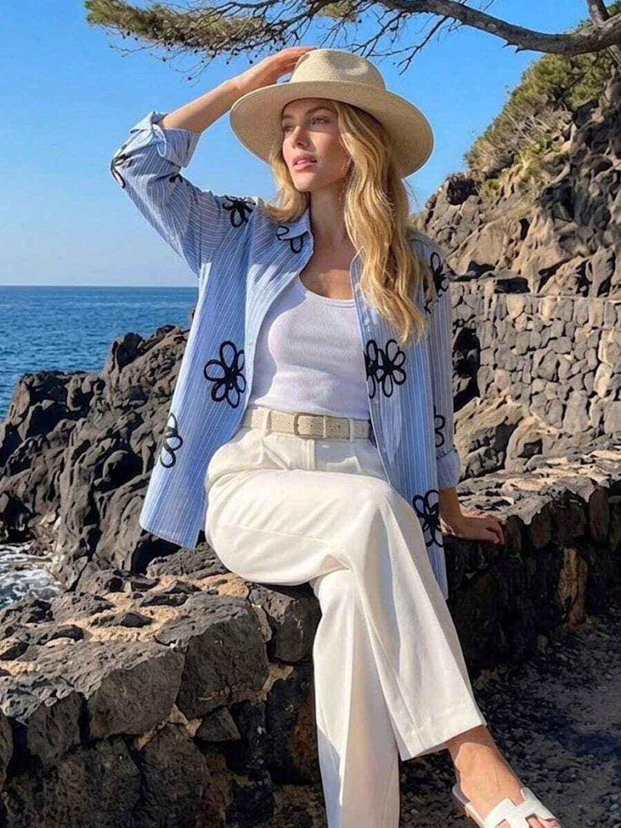 Women's Striped Print Long Sleeve Shirt, Button-Front, Casual Bohemian Style, Suitable For Spring, Daily Wear - Blue - View 1