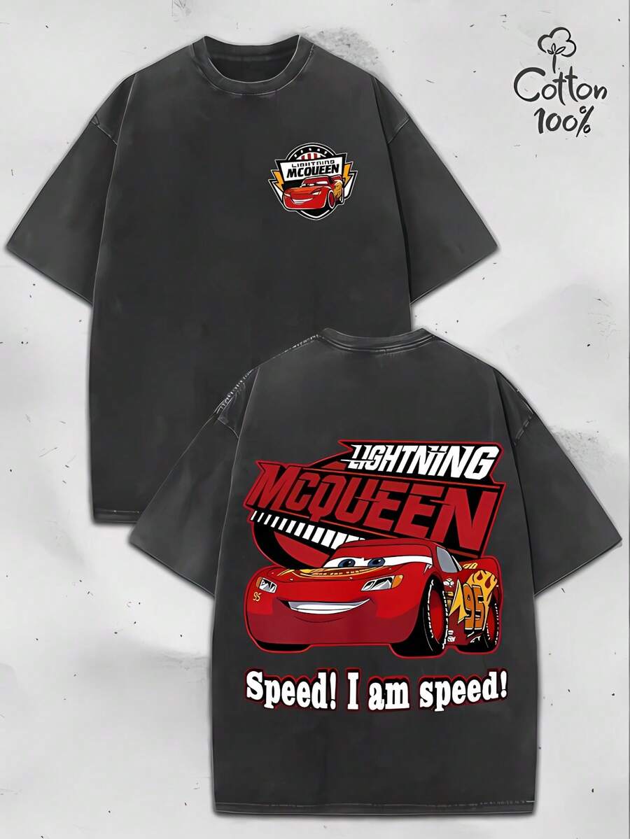 (230 G Pure Cotton T-Shirt)Disney Tshirt,Lightning McQueen Racing Slogan Print Graphic Tees ,Street Fashion Casual T-Shirt,100 Percent Cotton.Men's T-Shirt, Men's Casual, Comfortable, Fashionable T-Shirt, Street Style Cotton - màu đen - Xem 1