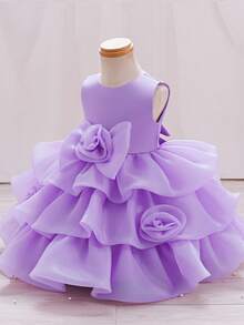 KAFEIBEI Baby GirlCute Floral Sleeveless Fluffy Cake Dress, Suitable For Party, Banquet, 1st Birthday Princess Dress - Mauve Purple - View 1