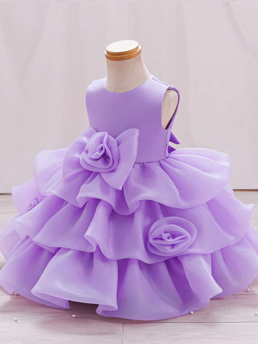 KAFEIBEI Baby GirlCute Floral Sleeveless Fluffy Cake Dress, Suitable For Party, Banquet, 1st Birthday Princess Dress - Mauve Purple - View 1