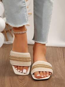 Women's Summer Sandals, New Square Toe Flat Sandals For Women - White - View 2