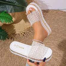 2026 Summer New Woven Platform Rivet Slides, Thick Sole Slip-On Slippers, Large Size Exported Women Shoes - Beige - View 12