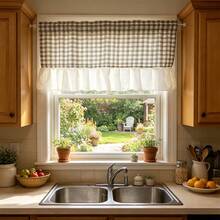 1pc Lattice Linen Ruffle Edge Rod Pocket Short Curtain, Suitable For Dining Room, Cafe, Balcony Partition Decor, Vintage Farmhouse Style Kitchen, Living Room Half Curtain - Blue - View 4