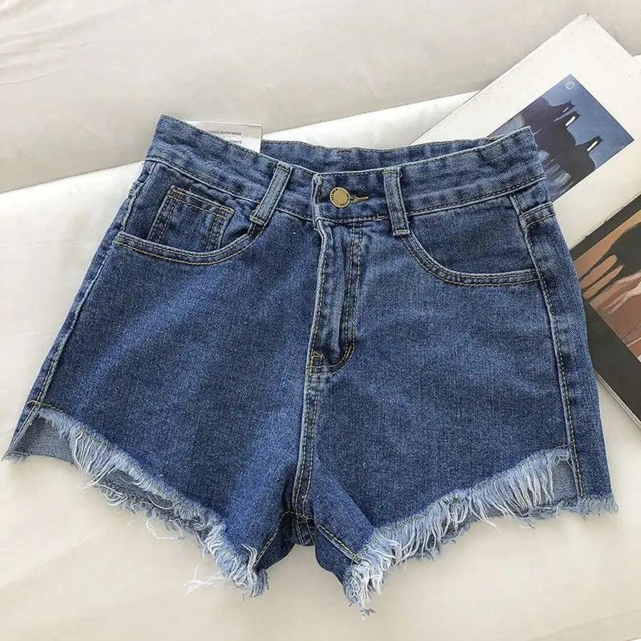 Pantalones cortos vaqueros con dobladillo crudo para mujer, Shorts de pierna ancha, color blanco, negro y azul, estilo coreano, Verano - Azul oscuro - Ver 1