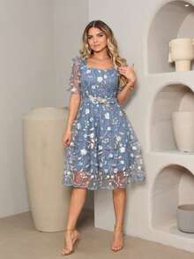Luxury Short Party Dress In Tulle With Embroidered Belt, Lined, Short Sleeves. - Dusty Blue - View 2