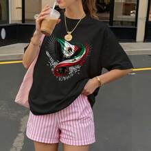 Camiseta negra con estampado de águila y bandera mexicana para mujer estilo casual - Negro - Ver 3