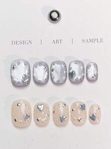 10pcs Handmade Short Oval Fake Nails, Main Colors Are Hazy Purple Cat Eye And Nude White. Scattered With Silver 3D Stars, Hearts And Small Beads, Creating A Cool And Sweet Atmosphere. Suitable For Ladies And Girls To Wear On Spring, Summer, Autumn, Winter Holidays, Parties And Daily Occasions, Gentle, Elegant And Cute Nails - Multicolor - View 2