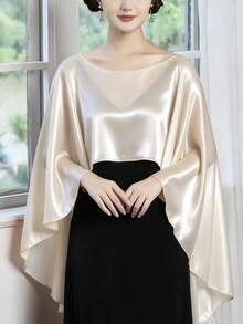 1件亮面婚禮披肩，女士禮物晚禮服披肩圍巾，柔軟伴娘披肩，抗皺短前長後，純色雪紡披肩，婚禮罩衫，不對稱披肩，多功能罩衫，適用伴娘 - 酒紅色 - 查看 8