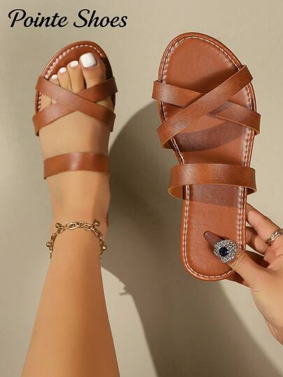 Women's Square Toe Criss-Cross Strap Minimalist Flat Sandals, Suitable For Summer Beach Wear