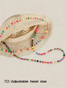 1pc Bohemian Style Colorful Beaded Bucket Hat, Women's Sun Hat, Wide Brim Straw Beach Hat, Foldable, Suitable For Ponytail In Summer Travel, UV Protection, Women's Beach Hat, Wide Brim Straw Sun Hat, Women's UV Protection Sun Hat, Foldable Soft Hat, Women's Wide Brim Straw Sun Hat, UPF 50+, Foldable Rollup Soft Hat, Women's Beach Hat - 淺卡其色 - 查看 4