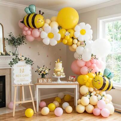 This Bee Balloon Arch Set Includes 124 Yellow And Light Pink Balloons, As Well As Bee And Daisy Balloons. It Is Perfect For Baby Shower Parties, Christening Parties, Gender Reveal Parties, Bee-Themed Birthday Parties, Lemon-Themed Birthday Parties, And Other Bee-Themed Decorations.
