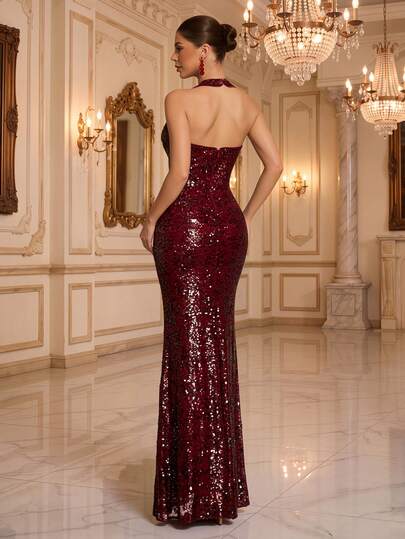 VIPGIRL Elegant Luxury Burgundy Strapless Evening Gown - Deep V-Neck And Fitted Mermaid Silhouette With Sequin Design | Suitable For Formal Dinners, Galas And High-End Occasions Wedding