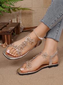 Giày sandal đế bằng đính pha lê lấp lánh, kiểu dáng thanh lịch dành cho nữ tuổi teen, quai trong suốt, quai sau co giãn, mũi vuông, thích hợp cho các buổi tiệc hoặc các dịp thường ngày. - Vàng - Xem 2