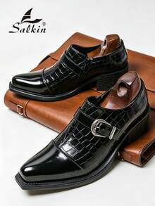 Salkin Nouvelle mode Bottes Chelsea à bout pointu style britannique pour hommes, fermeture à boucle pratique, chaussures en cuir verni brillant à enfiler, bout rond doux et confortable, chaussures en cuir élégantes pour occasions formelles, chaussures unicolore de gentleman à talon haut antidérapant avec semelle surélevée, convient pour les occasions décontractées, la scène, les fêtes, les mariages, les événements sociaux, le printemps/l'été/l'automne - Noir - Voir 8