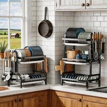1 cái giá để đồ nhà bếp, giá để bát đĩa nhiều tầng dày dặn, giá đựng đồ dùng nhà bếp đa chức năng, giá để bát đĩa, tủ đựng bát đĩa để bàn, giá đựng bát đĩa và dao kéo hai/ba tầng. - màu đen - Xem 2