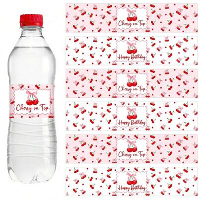 30/10pcs Cherry Birthday Water Bottle Labels, Bow Cherry Water Bottle Wrap Stickers, Self-Adhesive, Matte Surface, Paper Material, Home Party Supplies, Bridal Shower, Home Decor, Graduation Gift, Birthday Party, Room Decoration