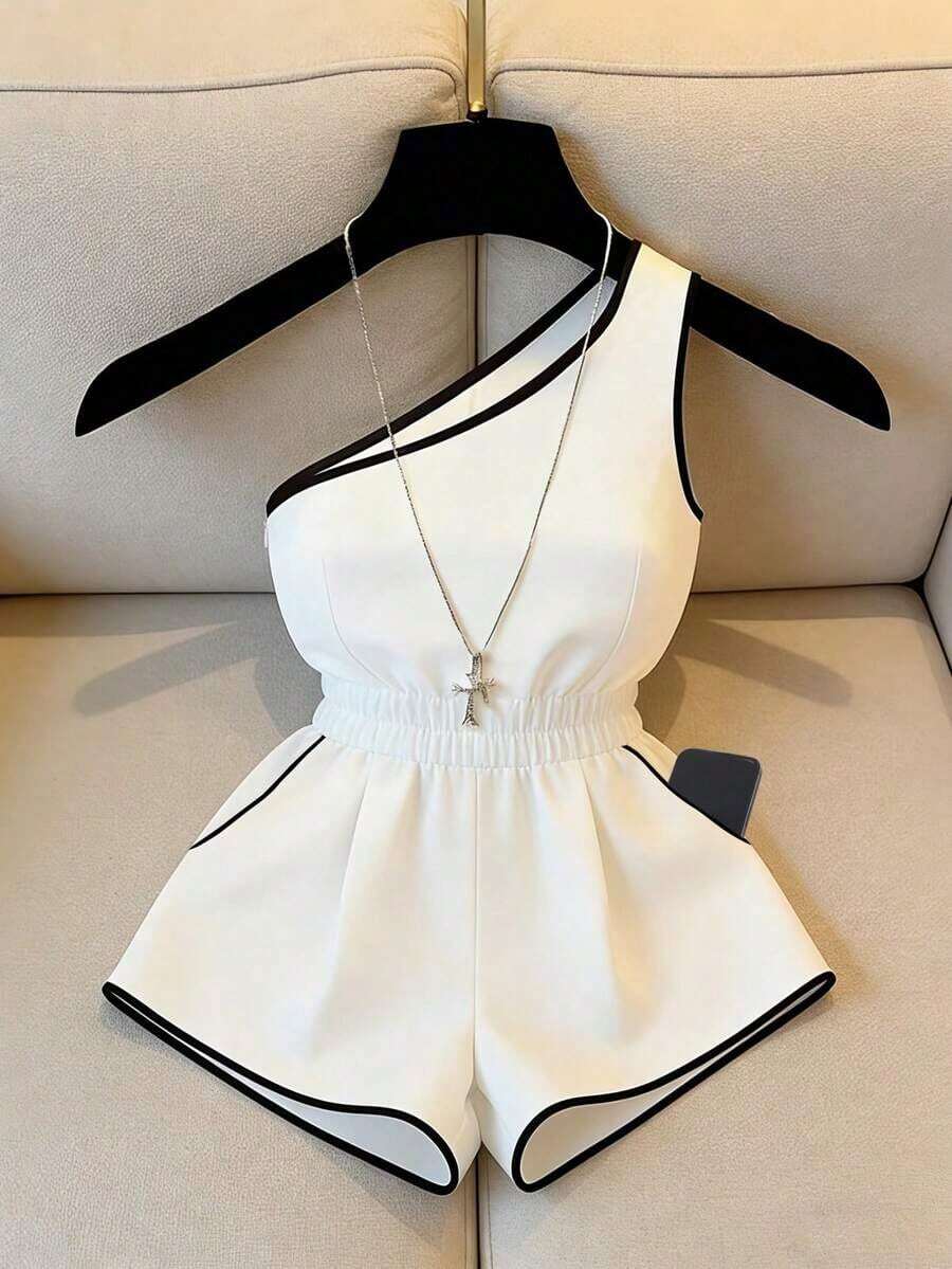 Women's New Halter Neck Criss-Cross Trim Fitted Bodysuit, Minimalist Versatile,White Top, Bodysuit White One Piece Bodysuit ,Leotard,Suitable For Work Commuting With An Intellectual VibeSummer ,Summer Holiday Outfits,Spring, Spring Outfit Women,Beach,Birthday,Birthday Dress,Going Out, Vacation,Casual,Y2k,Graduation Season Attire, Versatile And Stylish Everyday Casual Wear White Halter Bodysuit Halter Leotard,Black And White Color-Blocked, One-Shoulder, Color-Blocked, Fitted Waist, Stylish And Elegant Wide-Leg Sleeveless Jumpsuit For Women. White Jumpsuit, Suitable For Everyday Wear, Outings, White Top, White Pants, Women's Casual Wear, Summer Outfits, Summer Holiday Wear. - Blanco - Ver 1