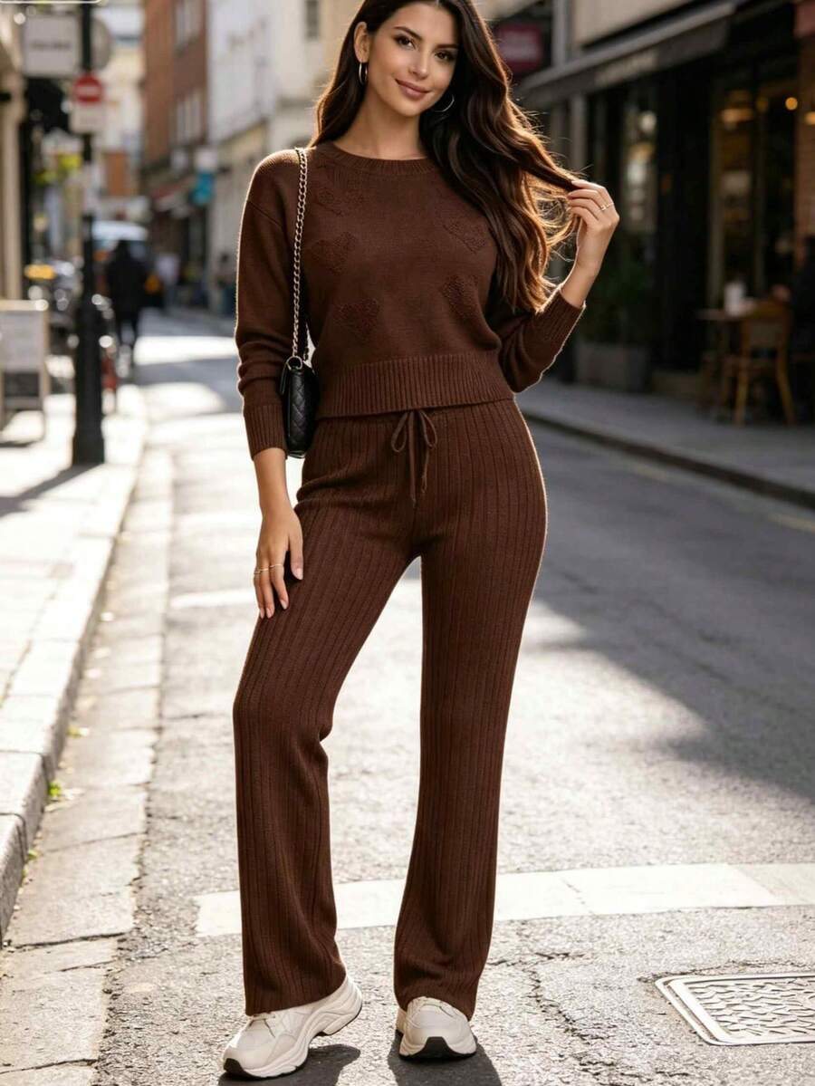 Women's Knitted Set: Blouse And Shaping Pants, Comfortable And Versatile For Everyday Wear - Coffee Brown - View 1