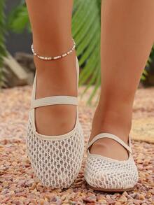 New Women's Fashionable Casual Contrast Mesh Knit Slip-On Flat Beige Shoes, Suitable For Daily Commute, Dating, Vacation Outfits (Asymmetrical Pattern) - Beige - View 6
