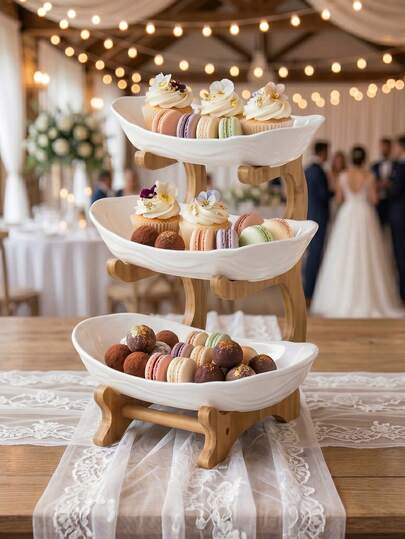 1/3-Tier White Fruit Tray With Wooden Stand, Cupcake Stand & Dessert Display For Wedding Reception & Party Decor, Elegant Wavy Serving Tray For Wedding Dessert Table Decor, Fruit Rack Snack Organizer Tray For Afternoon Tea, Plastic Fruit Bowl Set, Suitable For Kitchen And Dining Room, Multi-Layer Fruit, Snack And Dessert Platter