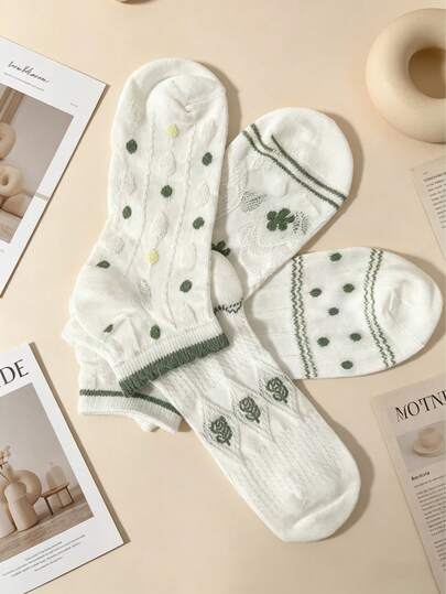 5 pares de calcetines casuales para mujer con lindos patrones florales, de moda y versátiles para uso diario