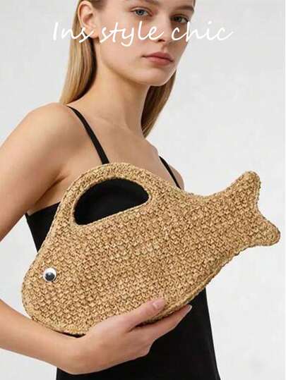 Borsa intrecciata in carta di colore kaki per donna, borsa a forma di pesce creativa in paglia con fodera in fibra di poliestere e manico intrecciato cavo, borsa estiva elegante per lo shopping quotidiano, la spiaggia, le vacanze, gli appuntamenti e le uscite casual, borsa bohémien minimalista alla moda per giovani ragazze, viaggi e studenti