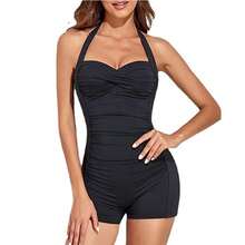 New European And American Swimsuits For Women, One-Piece Boxer-Angled Gathers, Pleated Halterneck Swimsuits, Conservative Slimming Women's Swimsuits - màu xanh quân đội - Xem 2