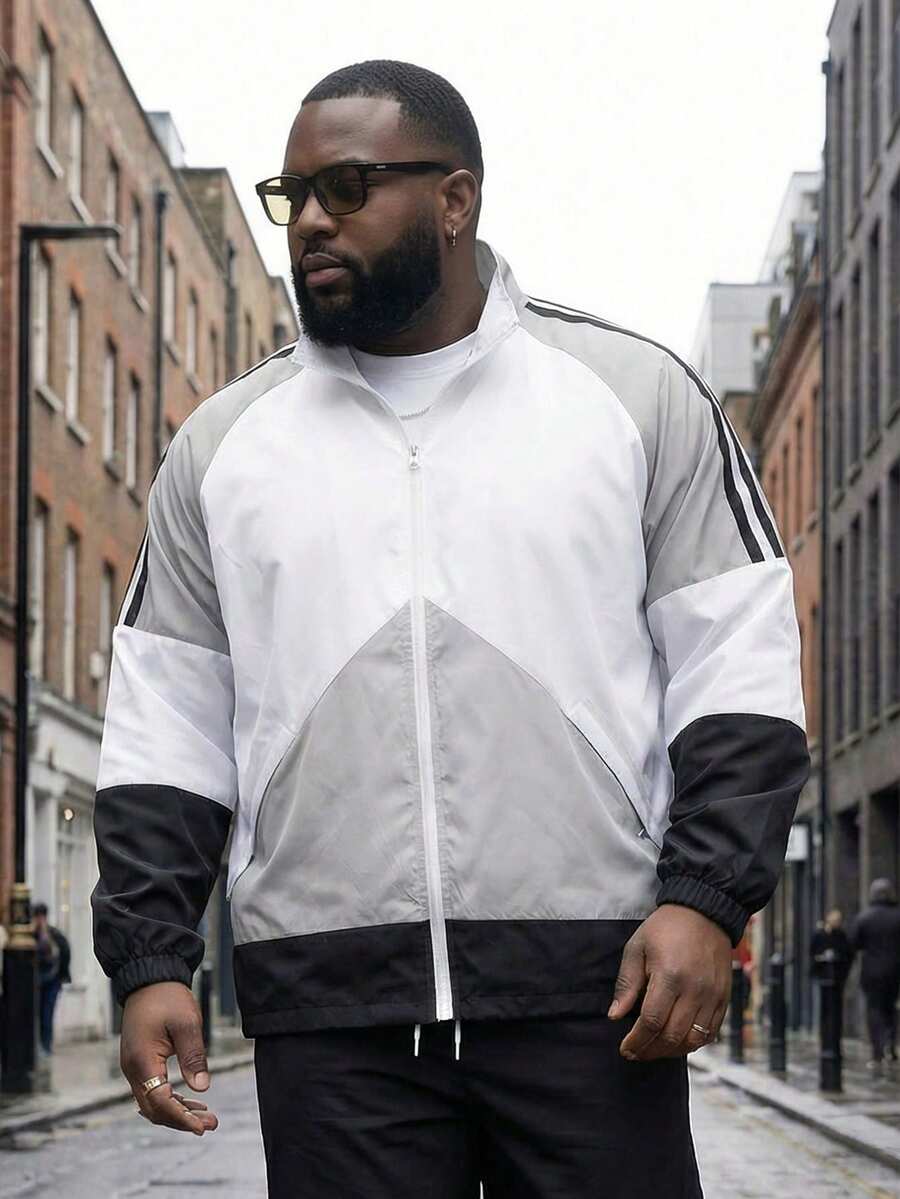 Plus Size Hooded Sports Jacket, Thin Color Block Hooded Sports Coat, Suitable For All Seasons - Black and White - View 1