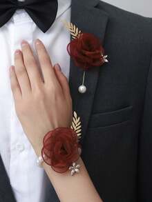 2 piezas Conjunto de flor de rosa con broche de aleación y corsage de muñeca, adecuado para novio, novia, padrino, dama de honor, boda, compromiso, banquete, aniversario, eventos de graduación, elegante, cumpleaños - Rojo oscuro - Ver 5
