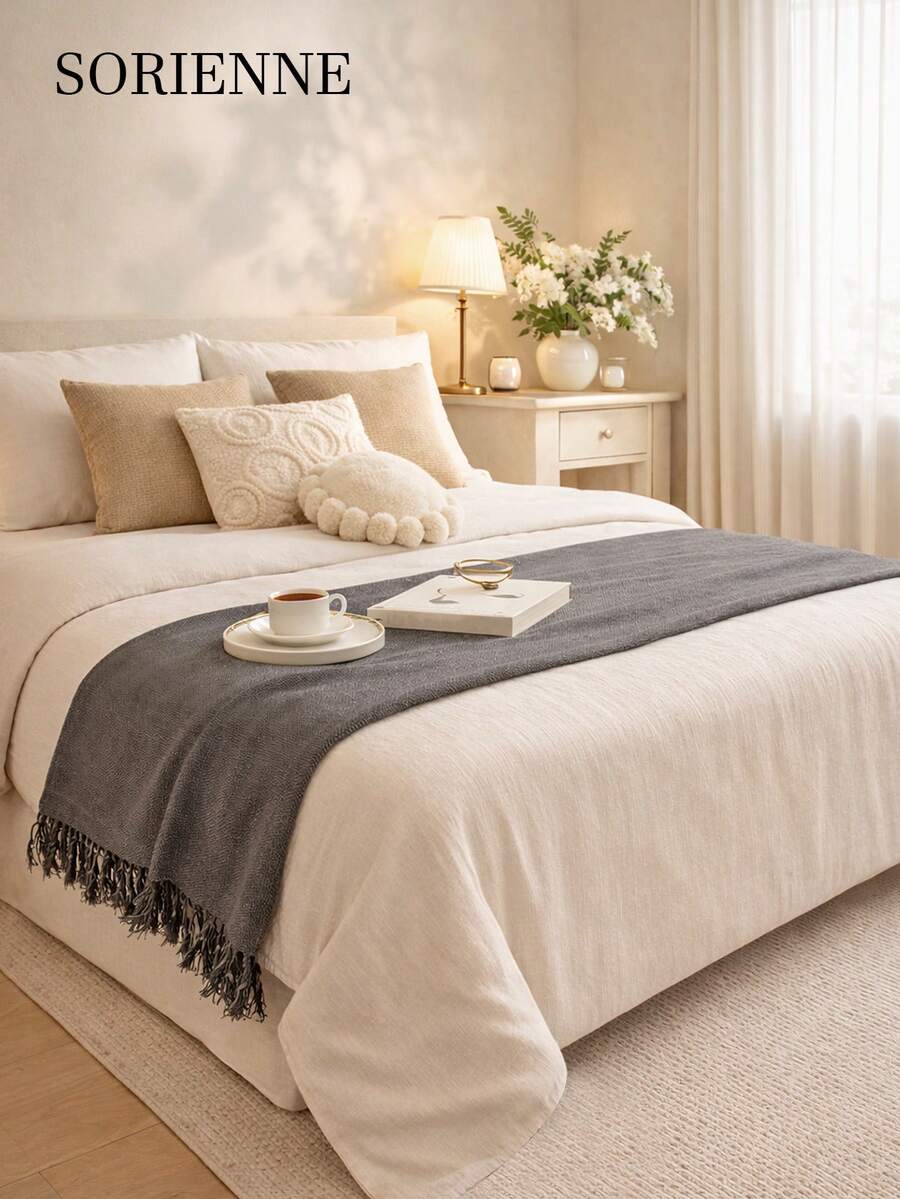 1pc Solid Color Chenille Tassel Bed Runner, Stain-Resistant, Scratch-Resistant Home Decor, Suitable For All Seasons, Machine Washable, Hand Washable, For Living Room And Bedroom - Dark Grey - View 1