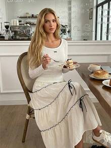 Women's Crew Neck Long Sleeve Ribbed White Top With Cute Bow Decor - Apricot - View 3