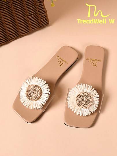 女士凉鞋，饰有可爱的3D立体花朵图案，平底拖鞋