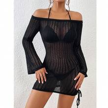 Spring/Summer Vacation Off-Shoulder Double Drawstring Pleated Design Dress Hollowed-Out Beach Cover-Up Textured Bodycon Skirt - White - View 7