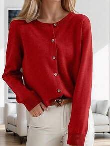 Cárdigan de Punto Dama Cuello Redondo Unicolor con Botones Moderno y Cómodo - Rojo - Ver 7