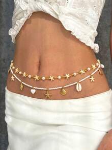 2pcs Bohemian Fashion Double-Layer Starfish & Faux Pearl Beach Waist Chain, Versatile Body Chain, Sexy Summer Beach Bikini Accessory - Multicolor - View 4