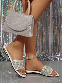 Women's Spring/Summer New Square Toe Flat Sandals, Fashion Party Rhinestone Slippers, Black-White-Pink, Size 41-43 Plus Size, Sexy Style, Matching Dresses - White - View 5